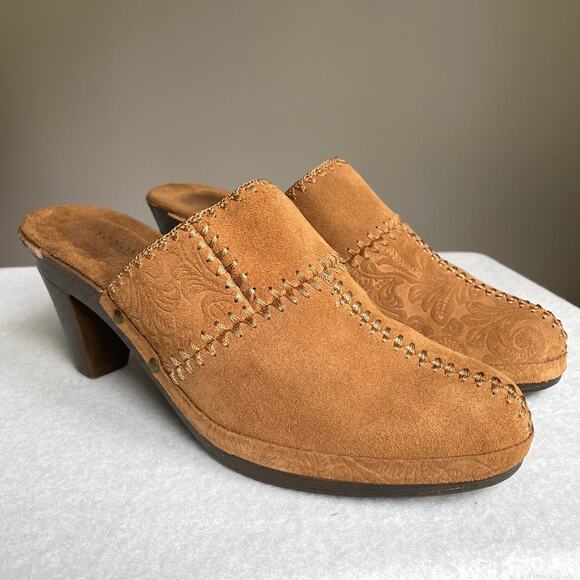 Sonoma Juliette Clog Mules Womens 9.5 Brown Suede Patchwork Leather Western Boho - Picture 12 of 12